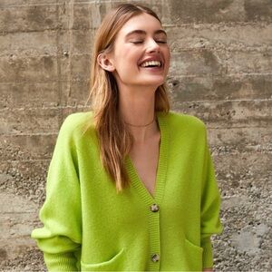 OUI Lime Green V-Neck Button Cardigan Sweater Cashmere Wool Blend